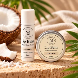 Coconut Lip Balm in a 5 mL tube and 10 mL tin