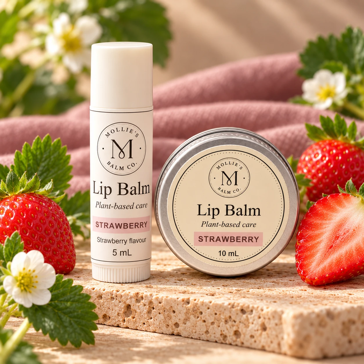 Strawberry Lip Balm in a 5 mL tube and 10 mL tin