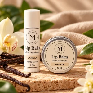 Vanilla Lip Balm in a 5 mL tube and 10 mL tin