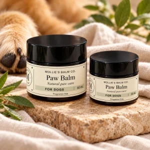 Paw Balm for dogs in 30 mL and 60 mL amber jars