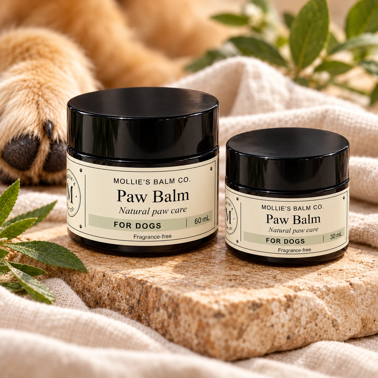 Paw Balm for dogs in 30 mL and 60 mL amber jars