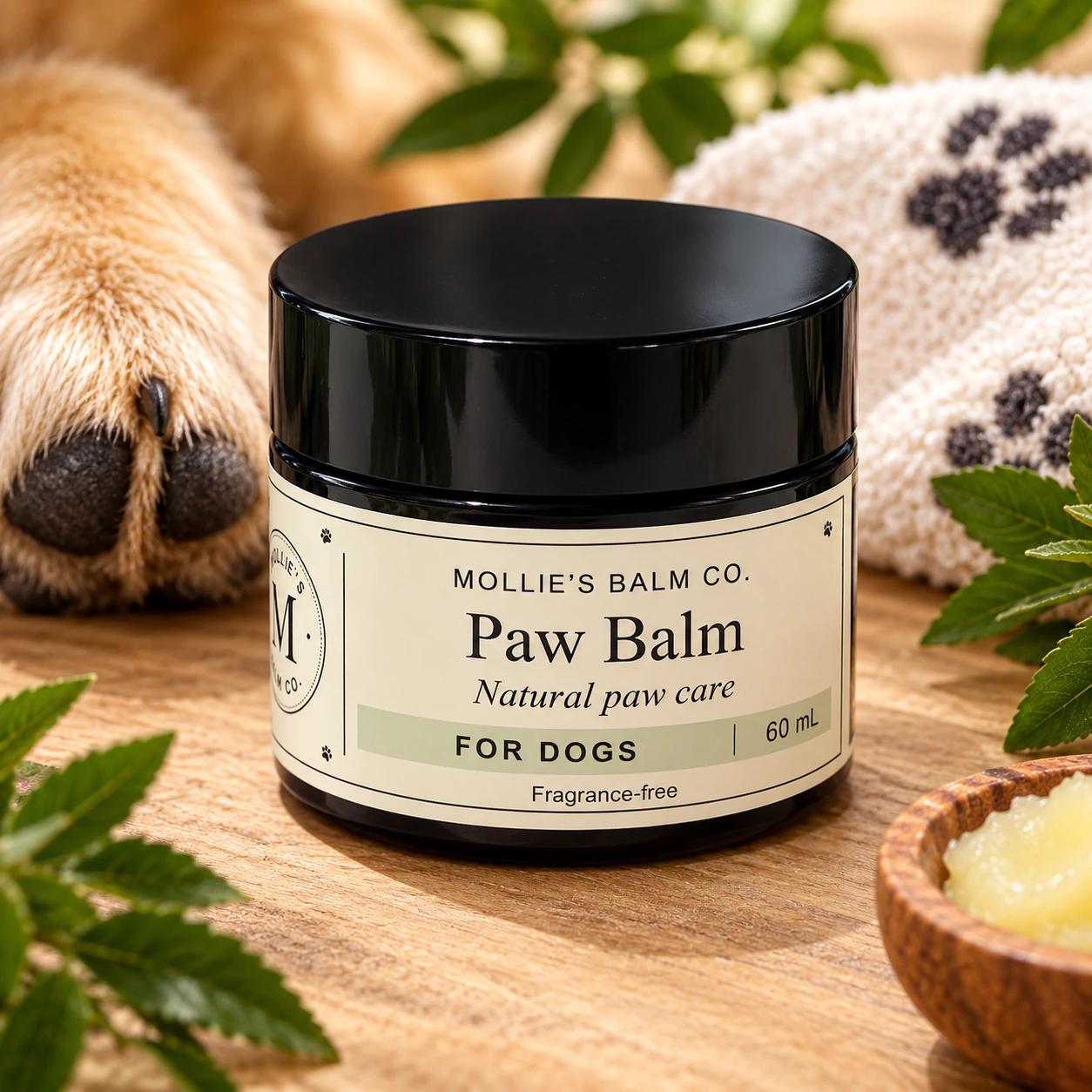 Paw Balm for dogs in a closed 60 mL amber jar