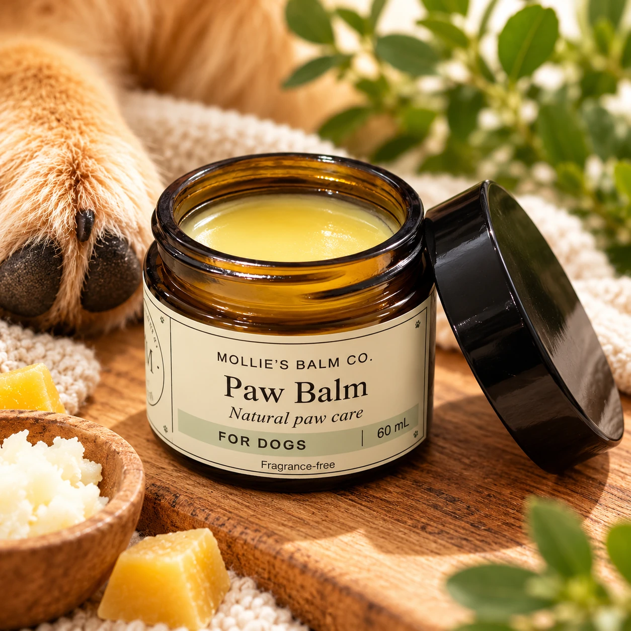 Open jar of Paw Balm for dogs